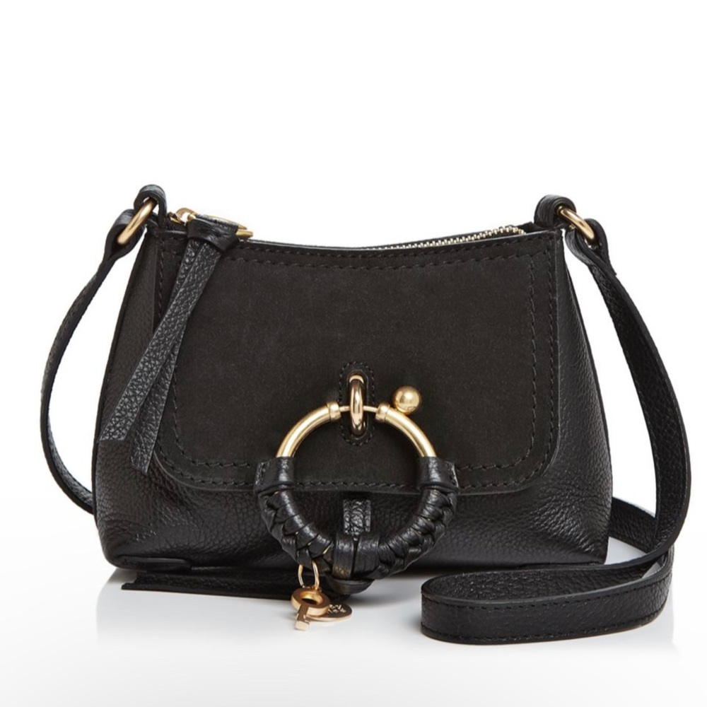 See By Chloe Black Leather and Suede Crossbody with Gold Ring Accent